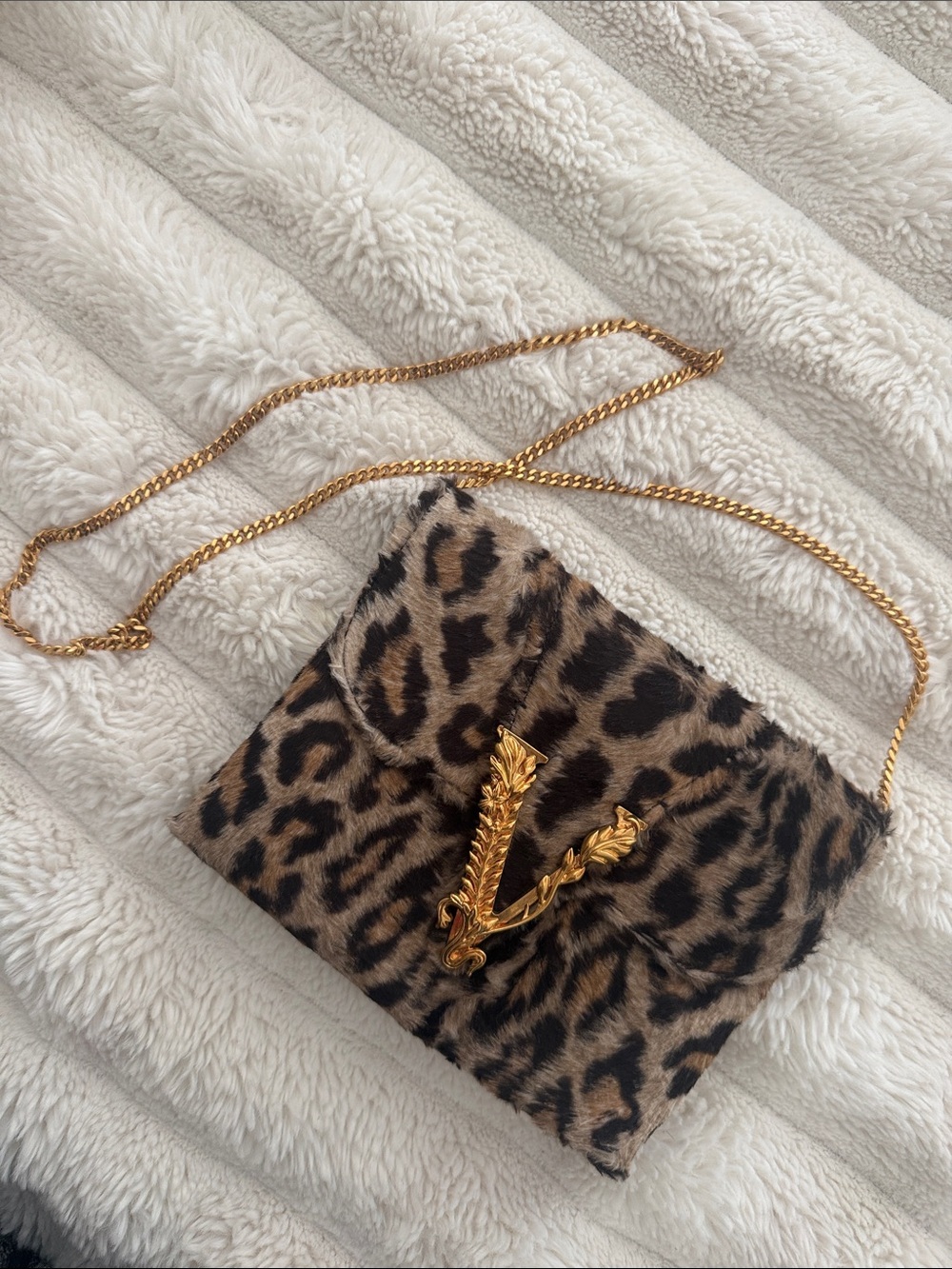 Versace Virtus Leopard Print Gold Chain Shoulder Crossbody Bag